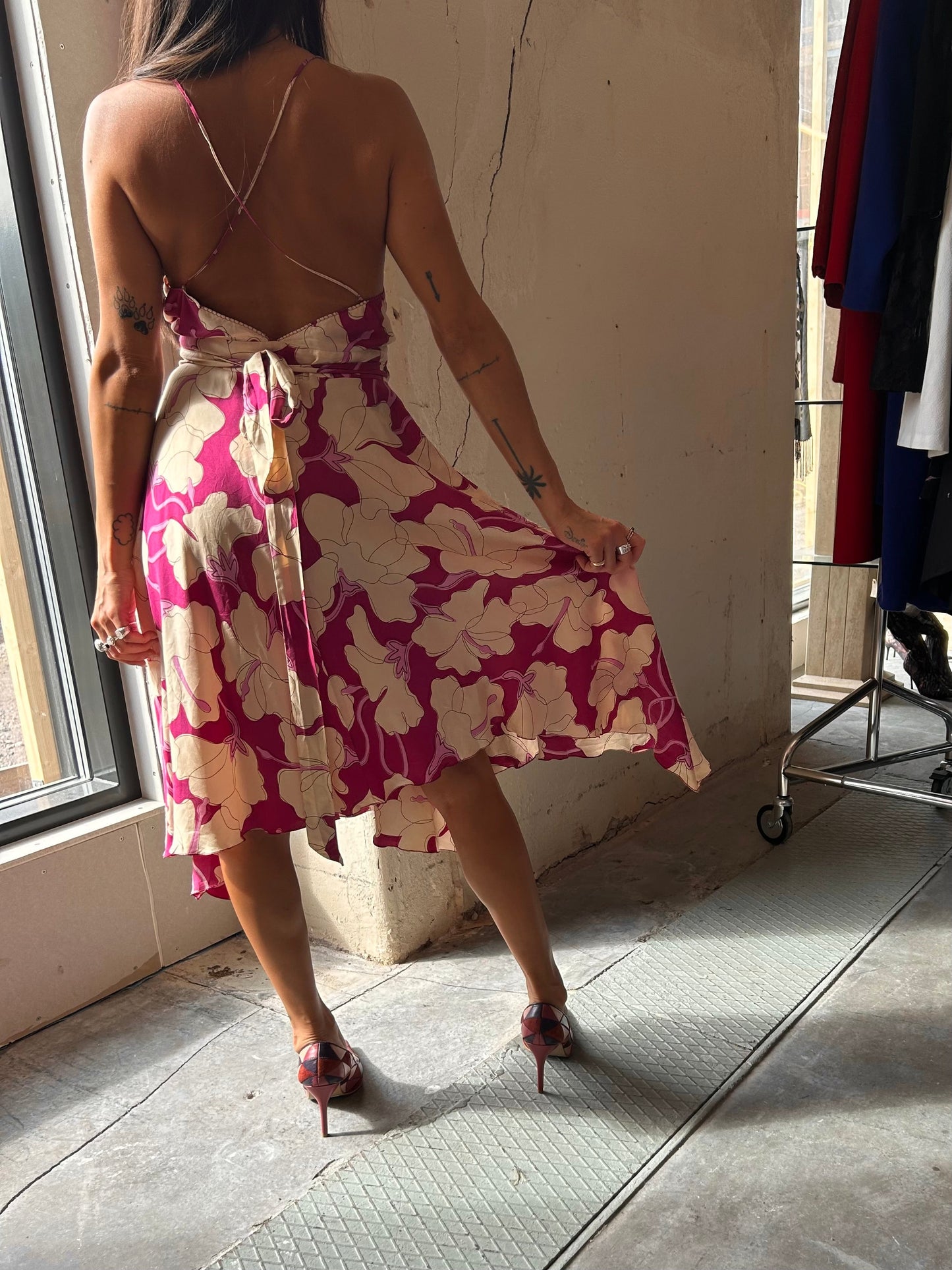 Fuchsia Floral Wrap Silk Dress