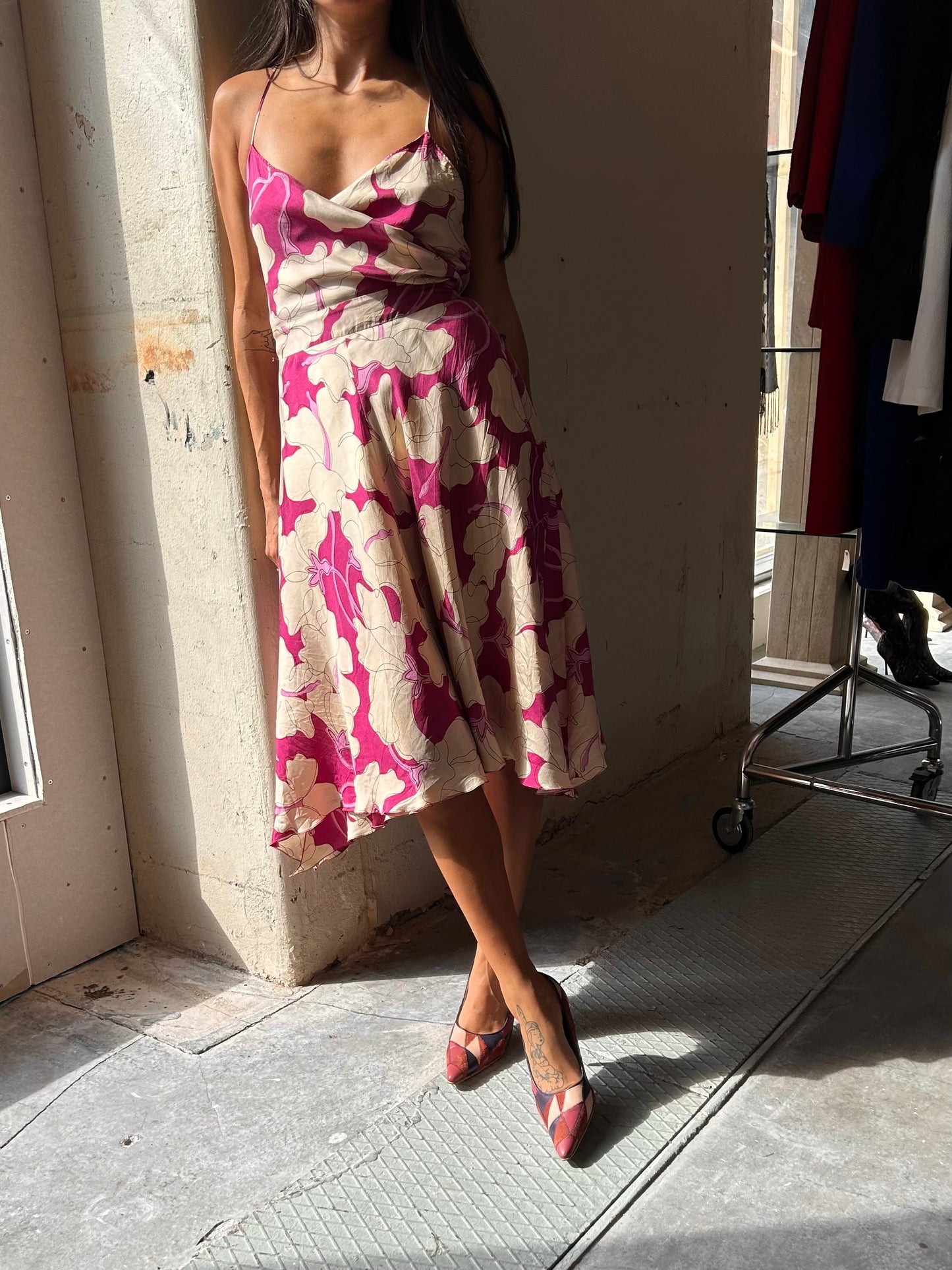 Fuchsia Floral Wrap Silk Dress