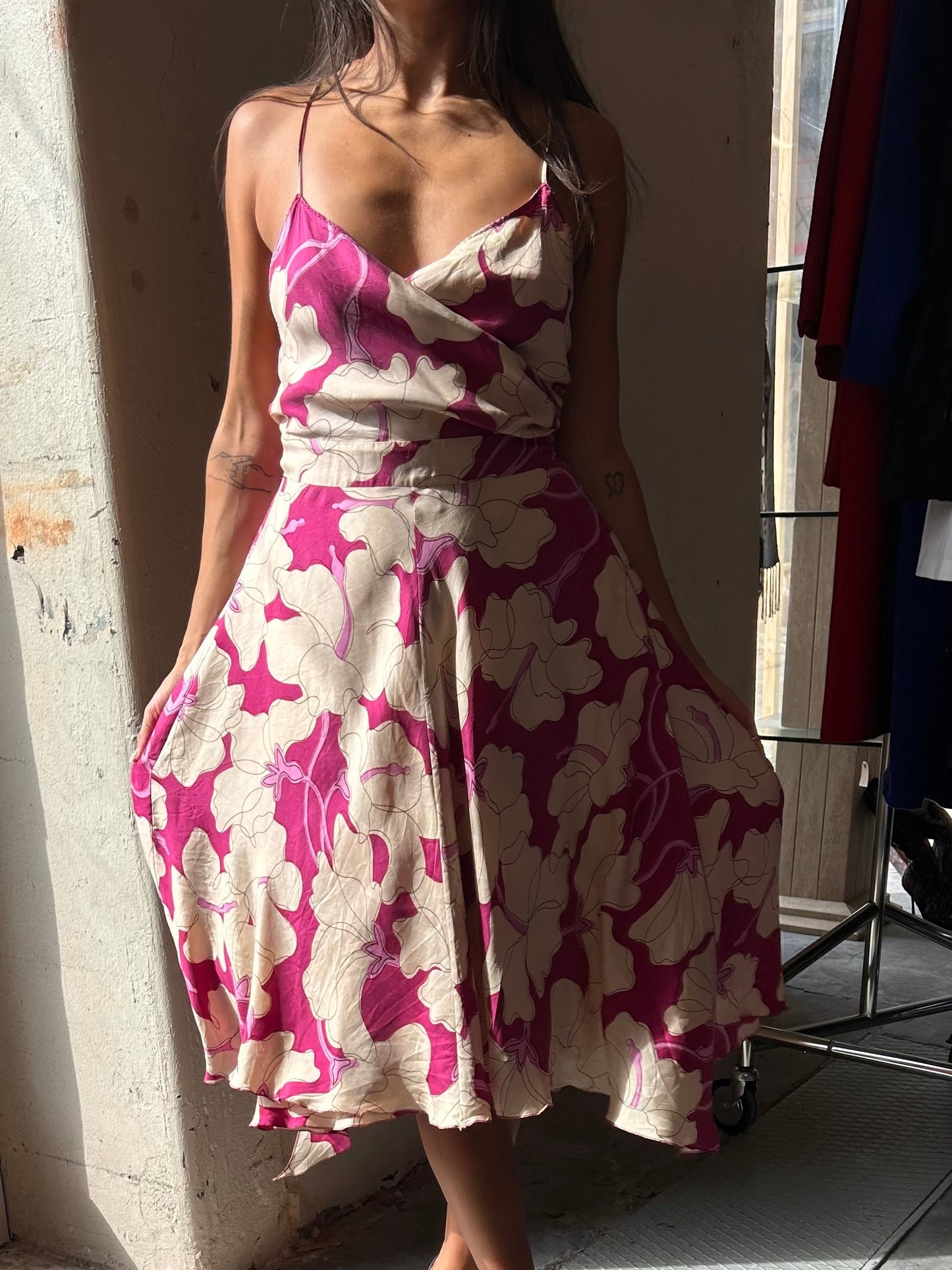 Fuchsia Floral Wrap Silk Dress