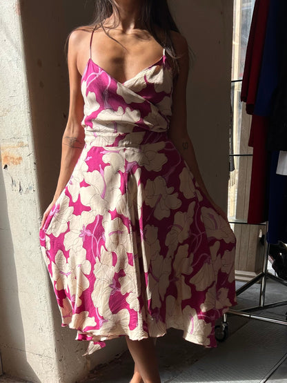 Fuchsia Floral Wrap Silk Dress