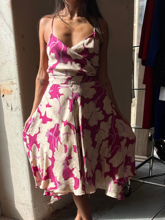 Fuchsia Floral Wrap Silk Dress