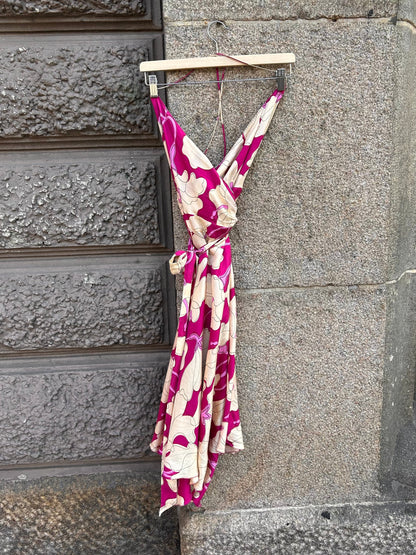 Fuchsia Floral Wrap Silk Dress