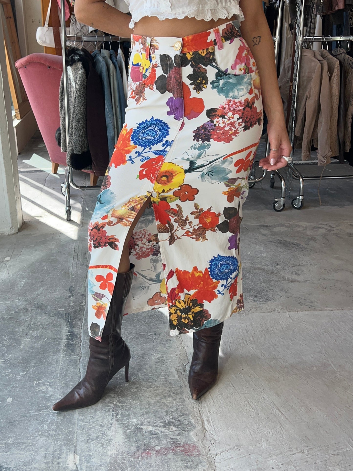 Jeans Floral Midi Skirt